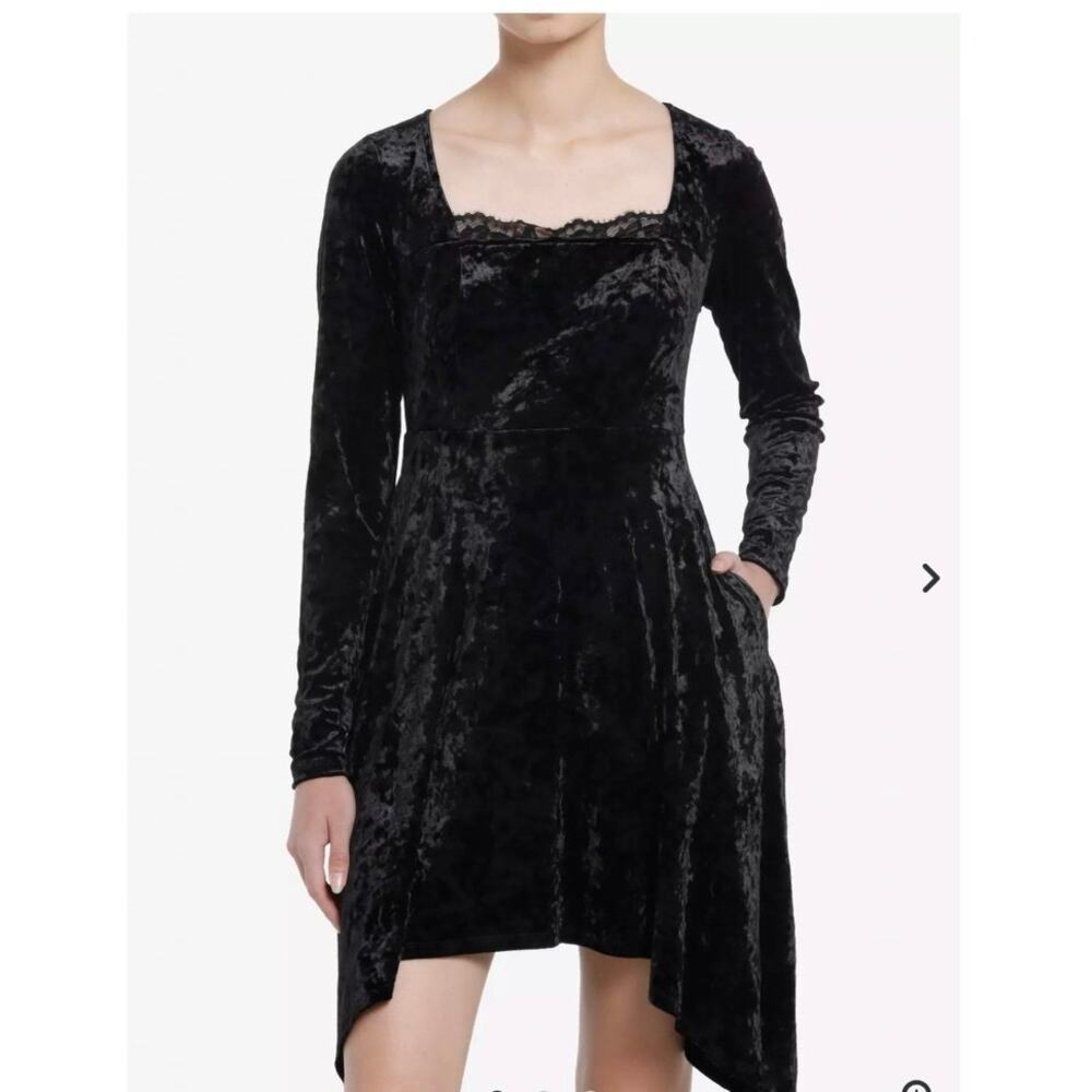 Cosmic Aura Black Velvet Asymmetrical Lace Trim Mini Dress 14/16 (1) Whimsigoth